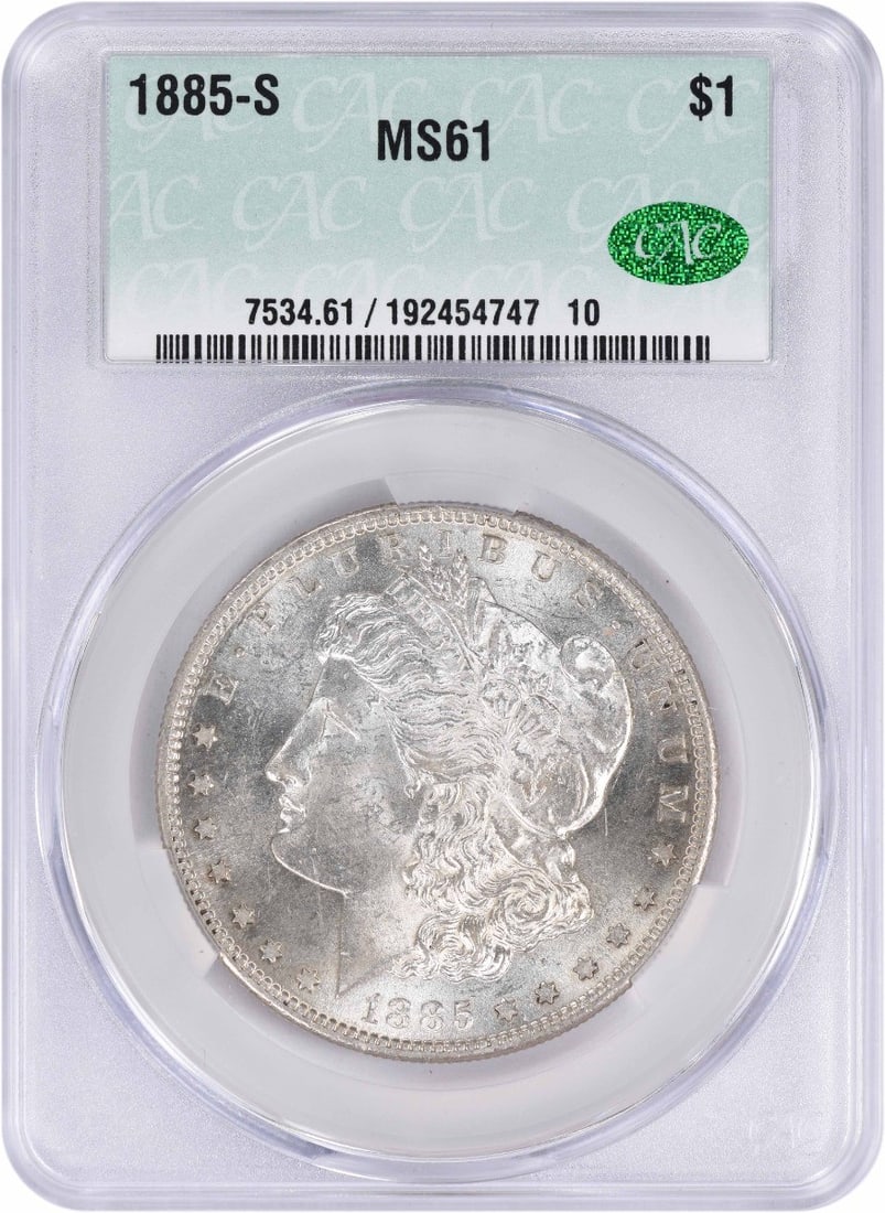 Silver Morgan Dollar MS61 CACG 1885: Silver Morgan Dollar MS61 CACG 1885 The 1885 Silver Morgan Dollar is a highly detailed and well-crafted coin, with a rich history and a strong silver composition. Certified MS61 by CACG, this coin sho