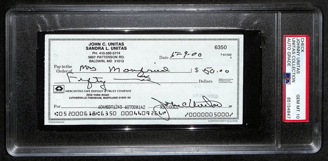 Unitas Johnny HOF Signed Auto 2000 Check Bank Colts PSA GEM MT 10: Unitas Johnny HOF Signed Auto 2000 Check Bank Colts PSA GEM MT 10 Johnny Unitas' 2000 check is a unique piece of football history, signed by the legendary quarterback. This PSA GEM MT 10 graded auto i