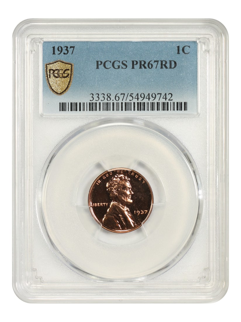 1937 1C PCGS PR67RD - Lincoln Cent (Wheat Reverse) - Popular Early Proof: 1937 1C PCGS PR67RD - Lincoln Cent (Wheat Reverse) - Popular Early Proof The 1937 Lincoln Cent in PR67RD condition is a highly sought-after proof coin, featuring the distinctive Wheat Reverse design. 