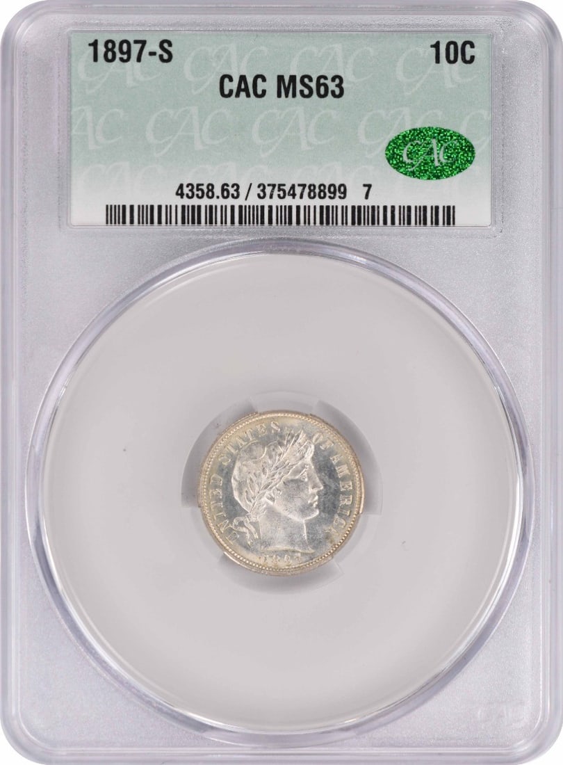 MS63 CACG Barber Silver Dime 1897-S: MS63 CACG Barber Silver Dime 1897-S The 1897-S Barber Silver Dime is a highly detailed and intricately designed coin, featuring the iconic portrait of Lady Liberty by Charles E. Barber. With a grade o