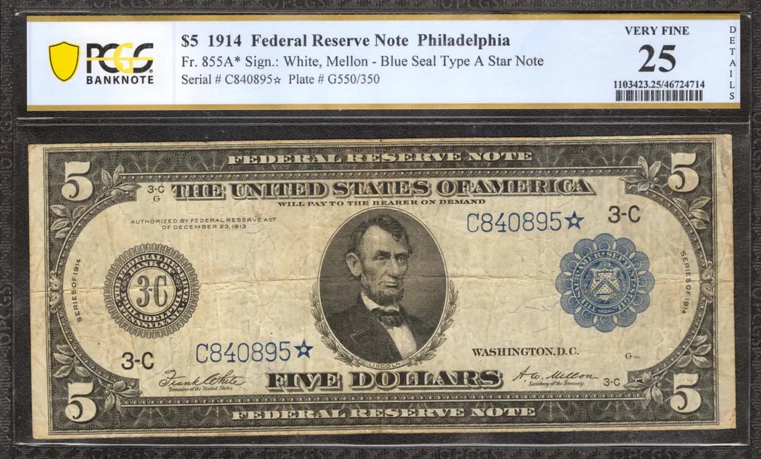 1914 $5 FEDERAL RESERVE NOTE PHILADELPHIA FR.855A* STAR NOTE PCGS 25 VF (895*): 1914 $5 FEDERAL RESERVE NOTE PHILADELPHIA FR.855A* STAR NOTE PCGS 25 VF (895*) Circulated 1914 $5 Federal Reserve Note with a star note designation (FR.855A) and graded 25 by PCGS, showcasing its circ