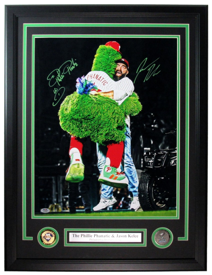 Jason Kelce/ Phanatic Autographed 16x20 Photo Framed Eagles ITP PSA/ DNA 200889: Jason Kelce/ Phanatic Autographed 16x20 Photo Framed Eagles ITP PSA/ DNA 200889 Authentic Jason Kelce and Phanatic signed 16x20 photo, expertly framed and verified by Professional Sports
