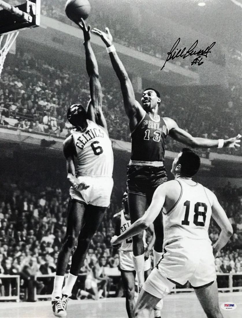Autographed photo by Bill Russell Chamberlain 16x20: Autographed photo by Bill Russell Chamberlain 16x20 Bill Russell, the legendary Boston Celtics center, has signed this 16x20 photo in black sharpie. The Professional Sports Authenticator (PSA) has ver