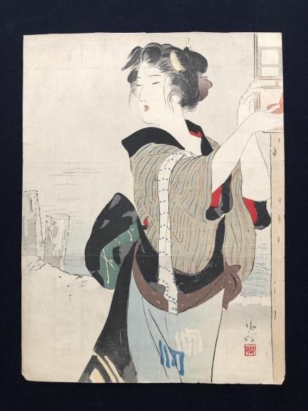Hitomoshigoro Bijin 1913 Kiyokata Kaburagi Kuchie Woodblock Print: Hitomoshigoro Bijin 1913 Kiyokata Kaburagi Kuchie Woodblock Print Item Specifics: Artist: Kiyokata Kaburagi Subject: Bijin-ga (Beautiful Women) Material: Washi Paper Style: Japanese Size: 22 x 30 cm Y