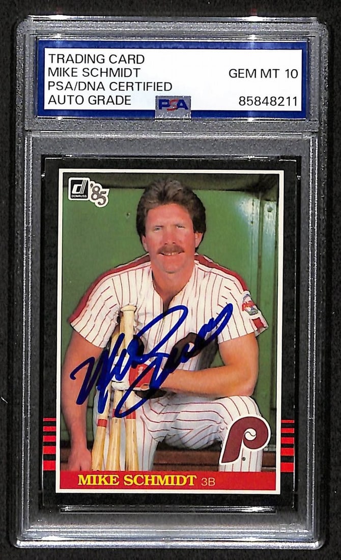 Mike Schmidt 1985 Donruss Card #61 Phillies HOF Signed PSA/ DNA Auto GEM 10 8806: Mike Schmidt 1985 Donruss Card #61 Phillies HOF Signed PSA/ DNA Auto GEM 10 8806 Signed by Mike Schmidt in 1985, this Donruss card #61 features a GEM 10 PSA/DNA Auto, a high grade for autographed base
