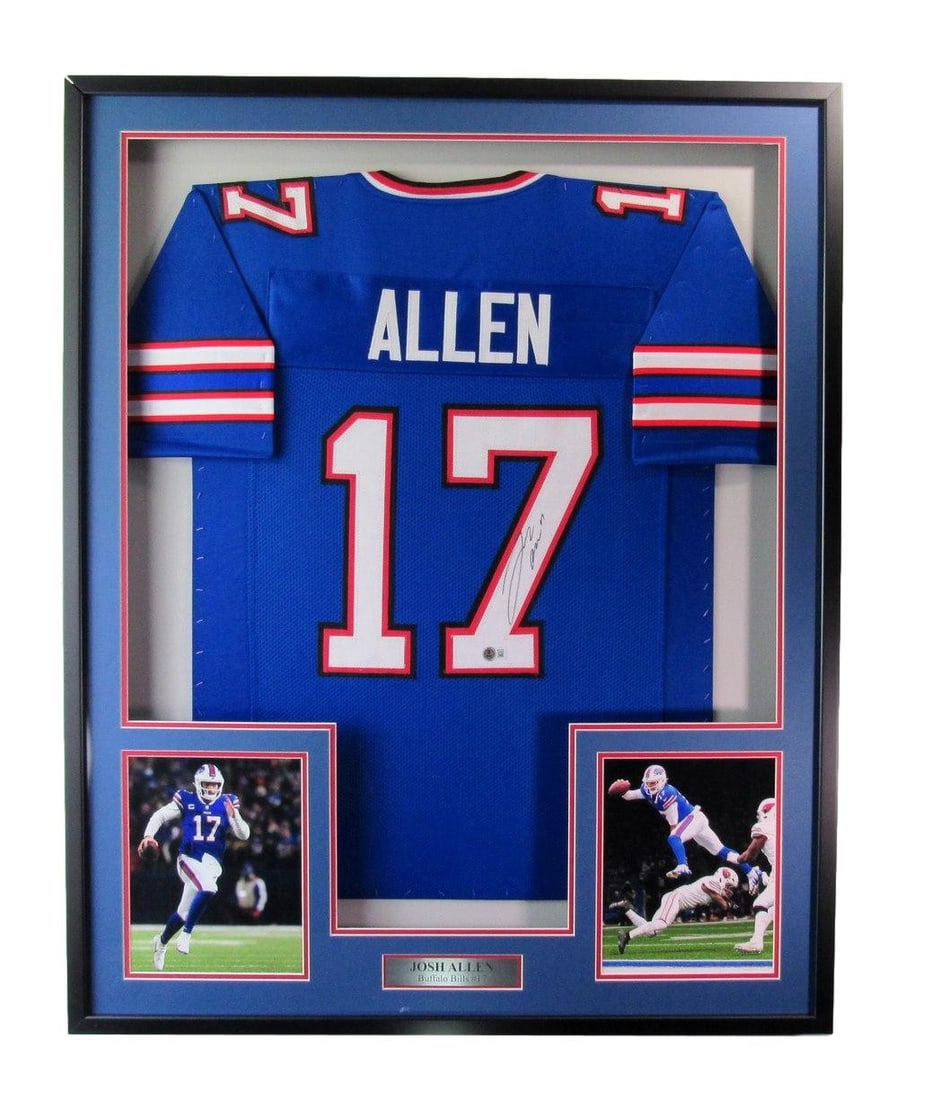 Josh Allen Signed Football Jersey Buffalo Bills Framed Beckett 193312: Josh Allen Signed Football Jersey Buffalo Bills Framed Beckett 193312 Authentic Josh Allen signed Buffalo Bills football jersey, expertly framed and certified by Beckett Authentication Services. This 