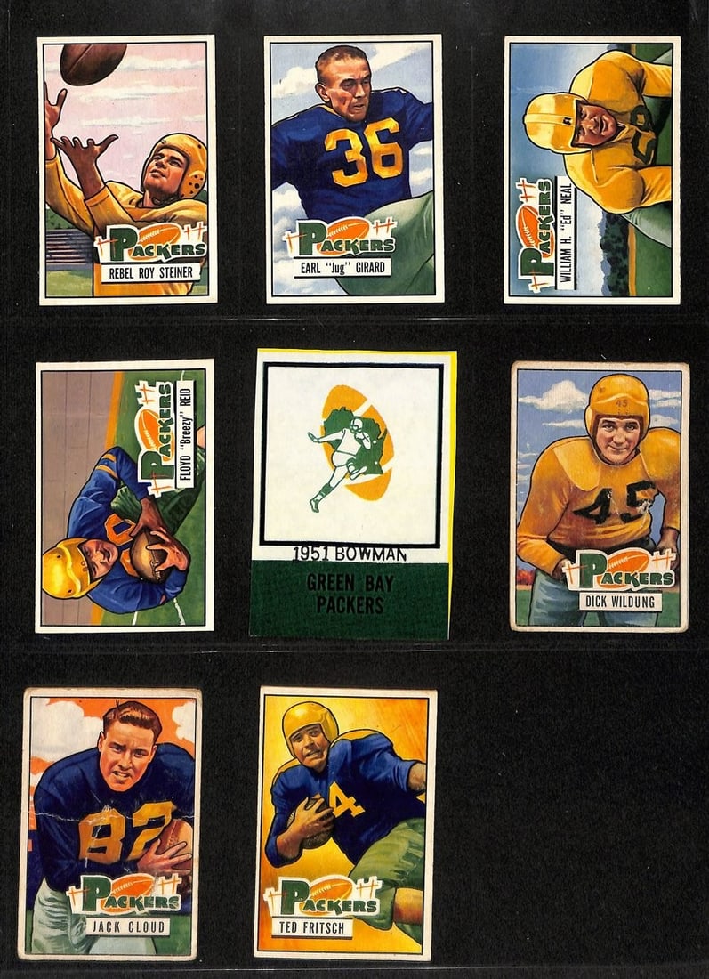 1951 Bowman Football Cards Green Bay Packers Complete Team Set (12) 200301: 1951 Bowman Football Cards Green Bay Packers Complete Team Set (12) 200301 Original 1951 Bowman Football Cards Green Bay Packers Complete Team Set (12) - A rare and iconic piece of sports history, thi