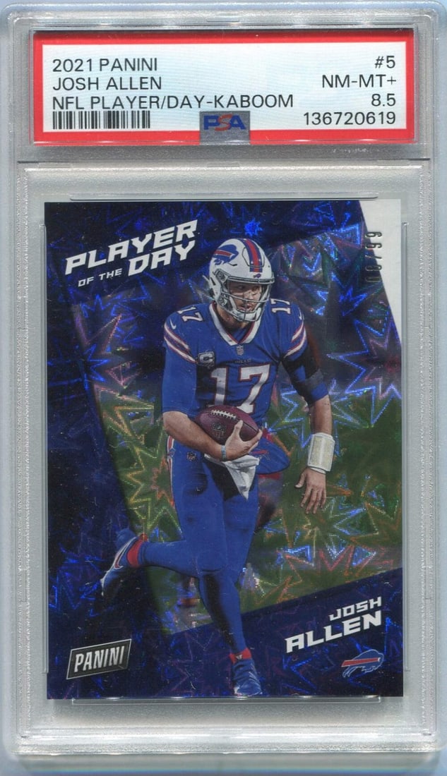 Kaboom Parallel Card #5 PSA Graded Josh Allen NFL Player Of 2021 Panini: Kaboom Parallel Card #5 PSA Graded Josh Allen NFL Player Of 2021 Panini The 2021 Panini NFL Player Of The Day Kaboom Parallel Card #5 is a highly sought-after collectible, graded 8.5 by PSA. With a nu
