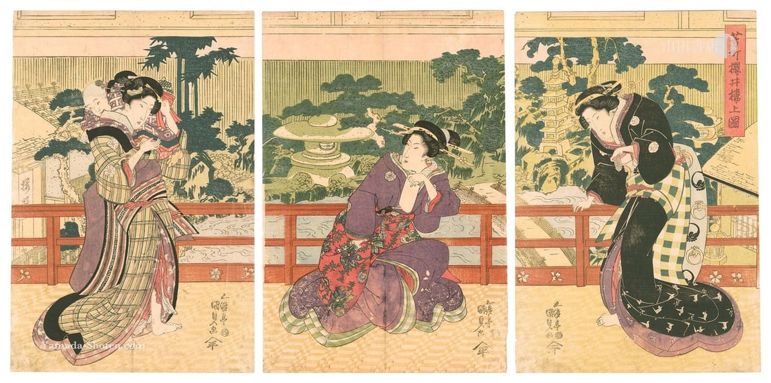 Woodblock Print by Kunisada I Sakurai in Yoshicho Upper Floor Triptych (1 of 1)