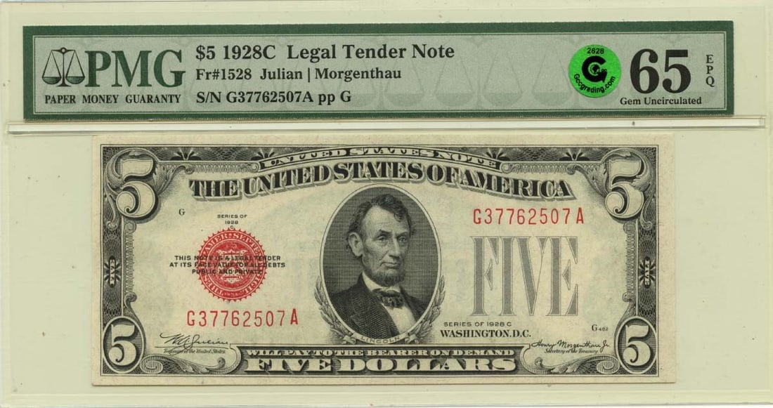 1928C $5 Legal Tender Note FR#1528 PMG GEM 65 EPQ GCC Green: 1928C $5 Legal Tender Note FR#1528 PMG GEM 65 EPQ GCC Green This 1928C $5 Legal Tender Note is a rare and highly graded example, certified by PMG as MS65 Uncirculated. The note's vibrant green color a