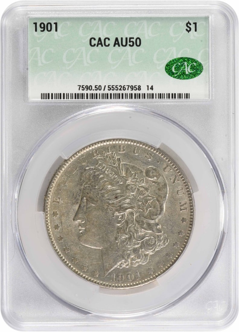 1901 Morgan Silver Dollar AU50 CACG: 1901 Morgan Silver Dollar AU50 CACG The 1901 Morgan Silver Dollar is a Circulated coin with a grade of AU50 from the CACG certification service, indicating its high level of quality and condition. Wit