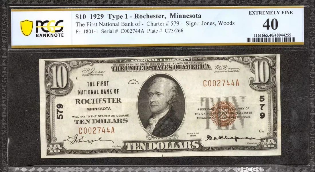 1929 $10 FIRST NATIONAL BANKNOTE CURRENCY ROCHESTER MINNESOTA PCGS 40 EF (744A): 1929 $10 FIRST NATIONAL BANKNOTE CURRENCY ROCHESTER MINNESOTA PCGS 40 EF (744A) Item Specifics: Certification: PCGS Grade: 40 Series Year: 1929 Year: 1929 Circulated/Uncirculated: Circulated Country: 