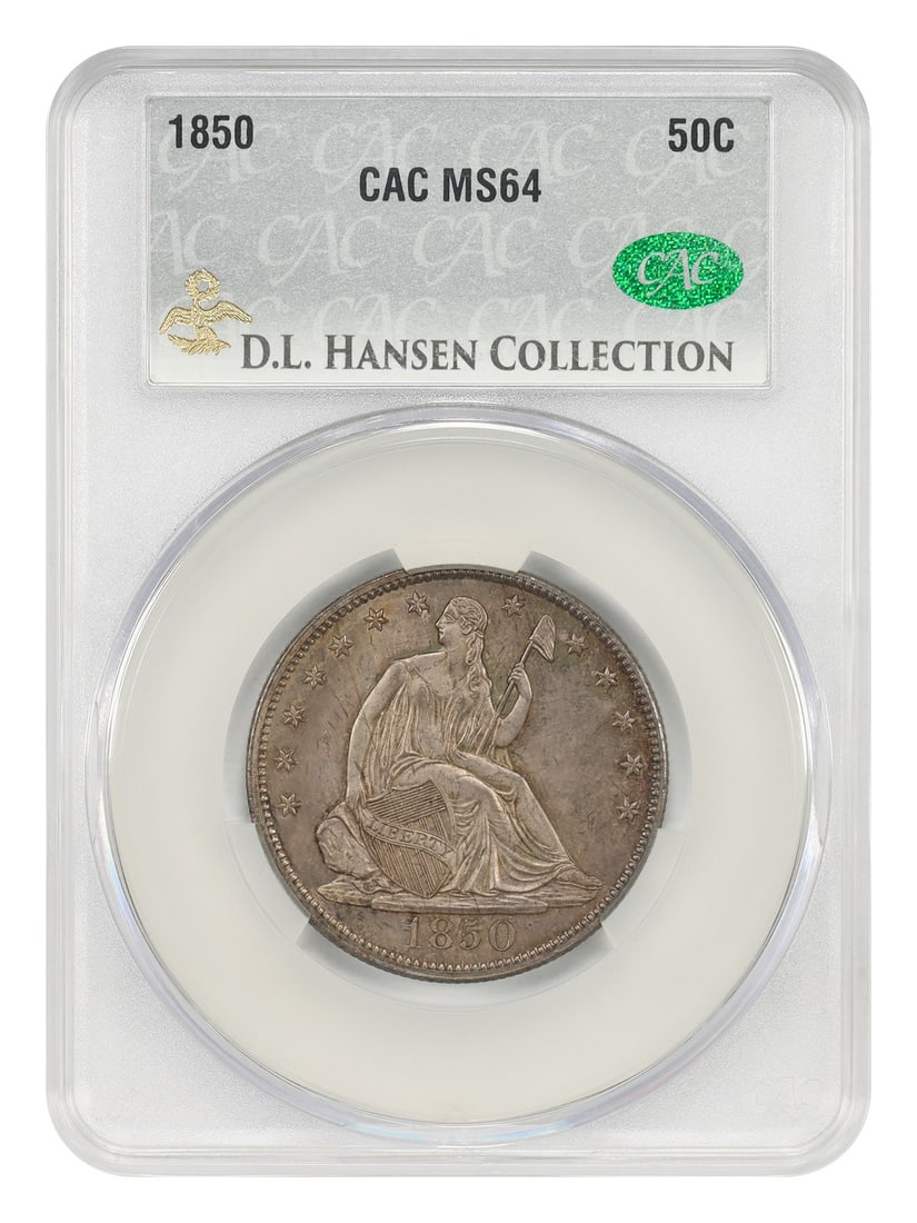 1850 50C CACG MS64 ex: D.L. Hansen - Liberty Seated Half Dollar: 1850 50C CACG MS64 ex: D.L. Hansen - Liberty Seated Half Dollar The 1850 50C CACG MS64 is a highly detailed and well-certified example of a Liberty Seated Half Dollar, boasting a high level of mint st