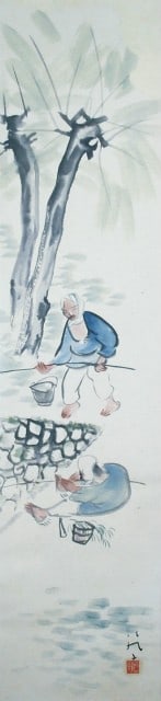 Japanese Scroll Painting Willow Fishing Scene by Hakujishi Yamaguchi: Japanese Scroll Painting Willow Fishing Scene by Hakujishi Yamaguchi Item Specifics: Artist: Yamaguchi Hakujishi Subject: Fishing under Willow Tree Material: Ink and color on silk Style: Japanese