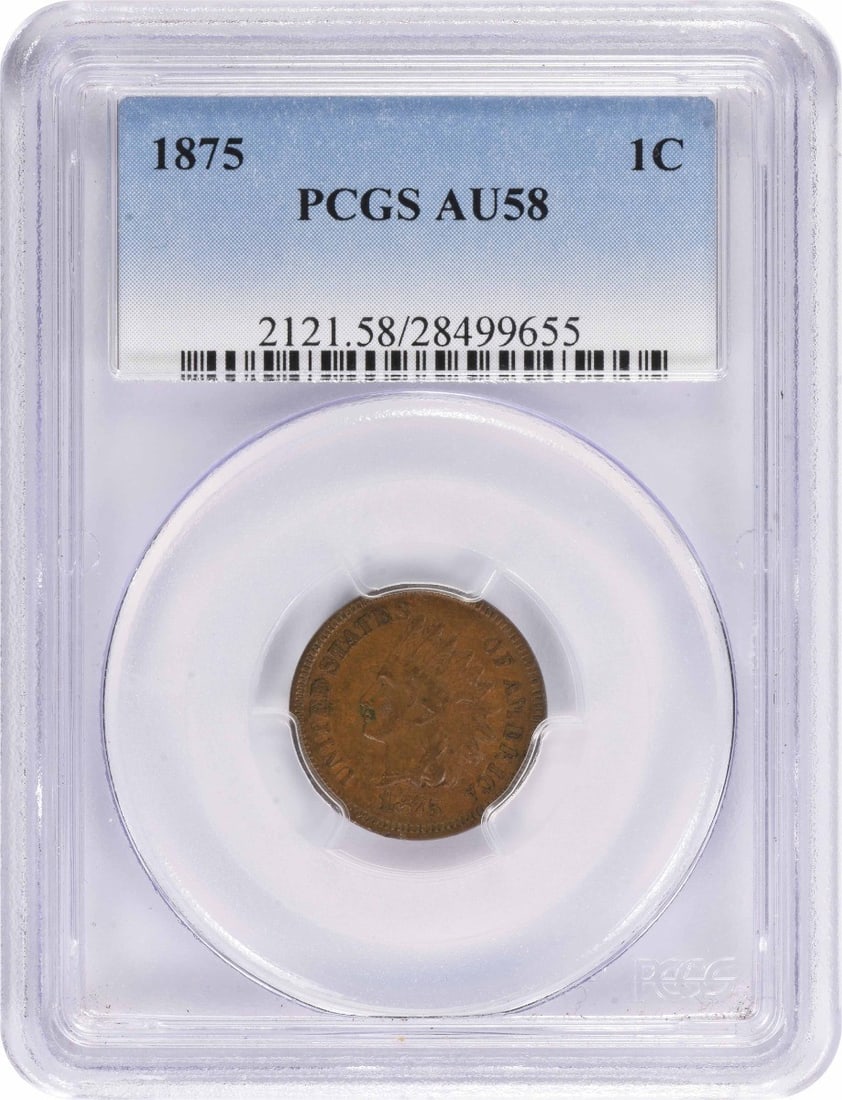 Indian Cent AU58 PCGS: Indian Cent AU58 PCGS The 1875 Indian Cent is a copper coin bearing a distinctive design, featuring an image of a Native American on the obverse and a liberty cap on the reverse. Certified by PCGS as 