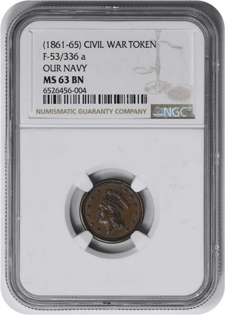 (1861-1865) Civil War Token Our Navy 53/ 336a MS63BN NGC: (1861-1865) Civil War Token Our Navy 53/ 336a MS63BN NGC Item Specifics: Circulated/Uncirculated: Uncirculated Product Disclaimer: Grades are third-party opinions; authenticity is guaranteed. Bullion