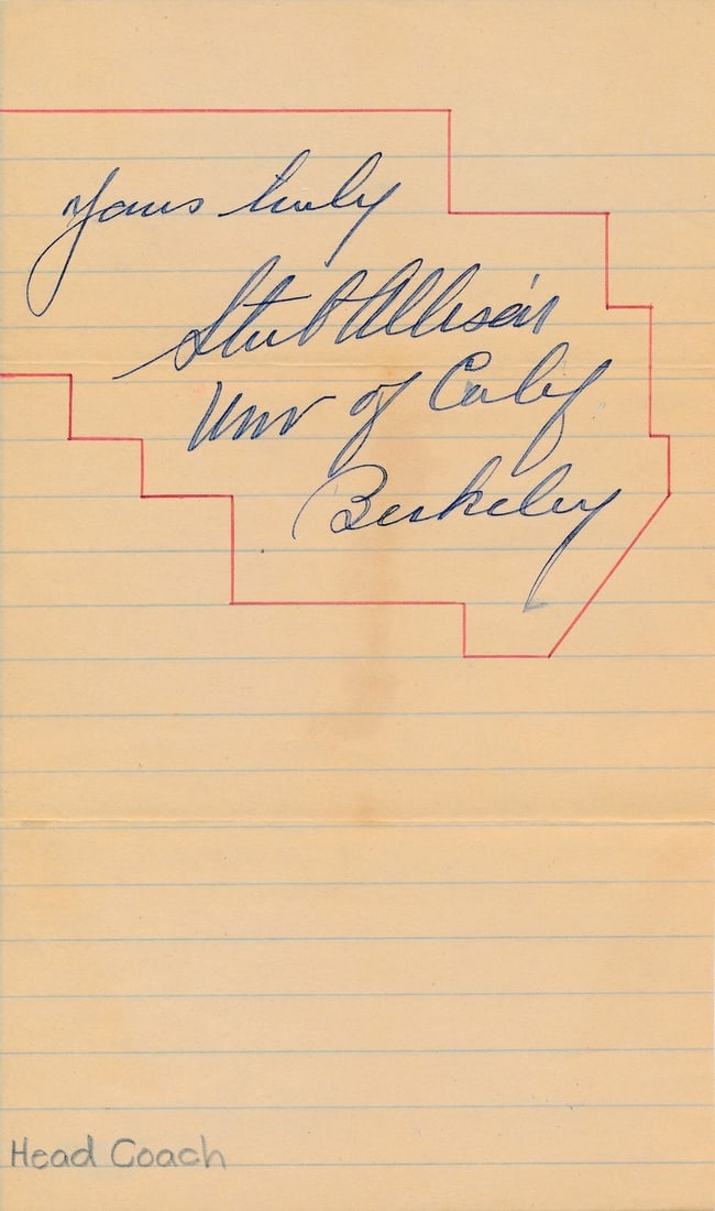 Stub Allison CAL HOF 1938 Natl Champs FB Coach Signed 5x8 Cut PSA/ DNA 145336: Stub Allison CAL HOF 1938 Natl Champs FB Coach Signed 5x8 Cut PSA/ DNA 145336 Signed 1938 National Champions football by Coach Stub Allison, a legendary figure in University of California football his