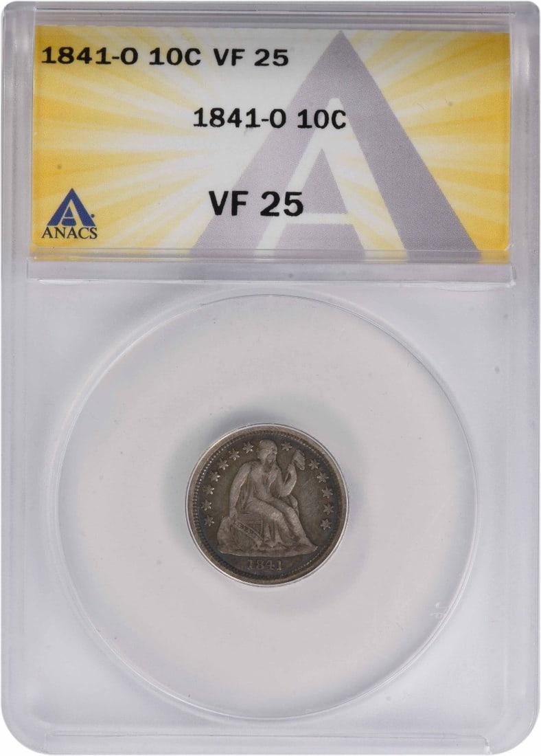 1841-O Liberty Seated Silver Dime VF25 ANACS: 1841-O Liberty Seated Silver Dime VF25 ANACS The 1841-O Liberty Seated Silver Dime is a rare and historic coin, featuring Seated Liberty on its obverse and a wreath on its reverse. Certified by ANACS 