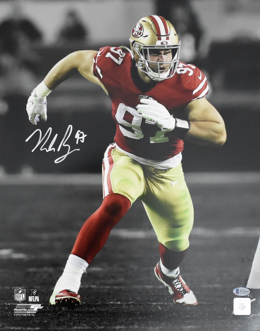 Nick Bosa Signed/ Autographed 16x20 Photo 49ers BAS 212502: Nick Bosa Signed/ Autographed 16x20 Photo 49ers BAS 212502 Signed by NFL defensive end Nick Bosa, this 16x20 photo is a unique addition to any football fan's collection. The photo, officially licensed
