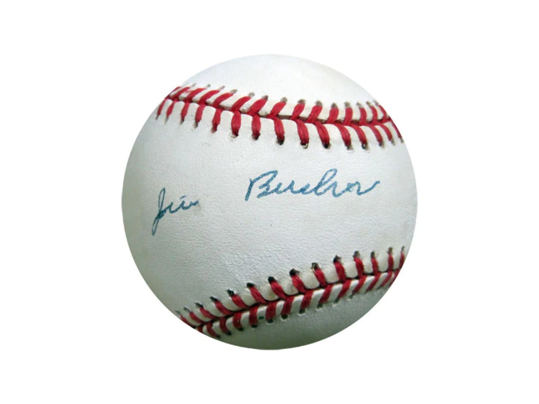 Buchen Jim Autographed Baseball: Buchen Jim Autographed Baseball Jim Buchen autographed baseball, featuring a blue ink signature slightly off-center to the left of the sweet spot. The signature is a notable aspect of this item, which