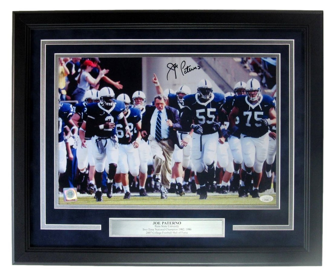Joe Paterno PSU Signed/ Autographed 11x14 Photo Framed JSA 207836: Joe Paterno PSU Signed/ Autographed 11x14 Photo Framed JSA 207836 Authentic Joe Paterno signed 11x14 photo, professionally framed by JSA. This unique piece of Penn State football history bears the sig