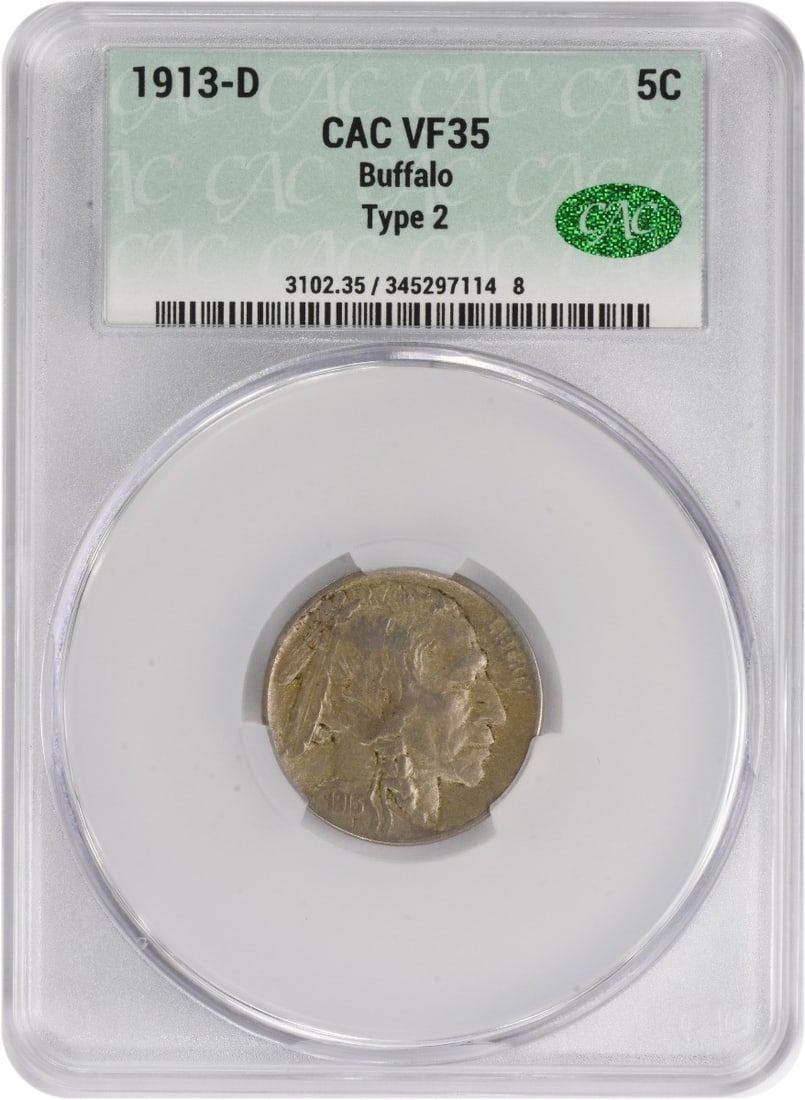 1913-D Buffalo Nickel Type 2 VF35 CACG: 1913-D Buffalo Nickel Type 2 VF35 CACG The 1913-D Buffalo Nickel Type 2 is a highly detailed and intricately designed coin, featuring the iconic Buffalo design by James Earle Fraser. With a Circulated