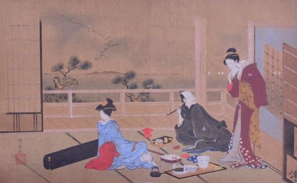 Meiji 41 Shinbi Shoin Woodblock Print Kiyonaga Merrymaking Men Women Torii (1 of 1)