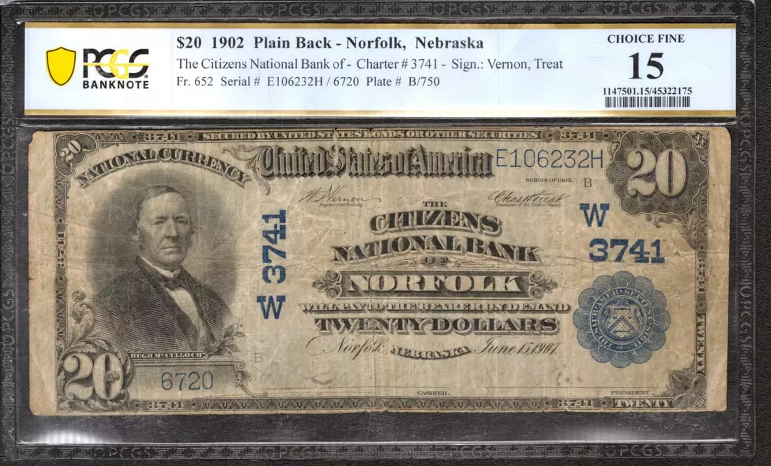CURRENCY 20 FINE CITIZENS BANKNOTE CURRENCY NORFOLK NEBRASKA 1902 PCGS 232H (1 of 2)