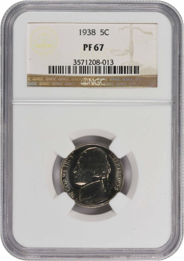 Nickel Jefferson 1938 PR67 NGC: Nickel Jefferson 1938 PR67 NGC The Nickel Jefferson 1938 PR67 NGC is a highly detailed proof coin, graded PR67 by the Numismatic Guaranty Corporation (NGC) for its exceptional condition. Produced in 1