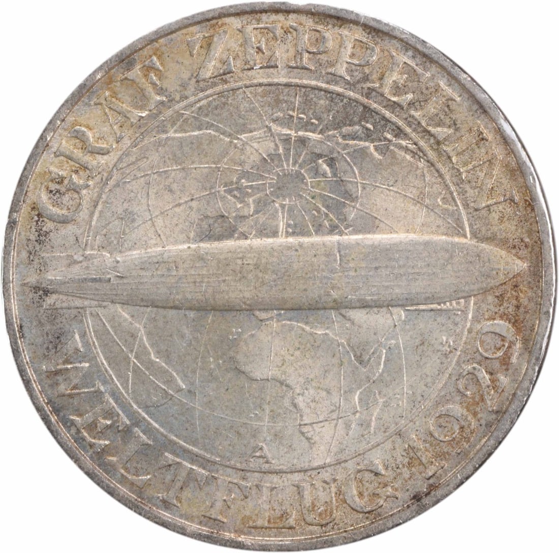 Germany 3 Mark Zepplin KM67 BU Uncertified: Germany 3 Mark Zepplin KM67 BU Uncertified The 1930 Germany 3 Mark Zepplin KM67 is a beautifully crafted coin with a silver composition, certified as uncirculated and bearing a BU grade. This coin fea