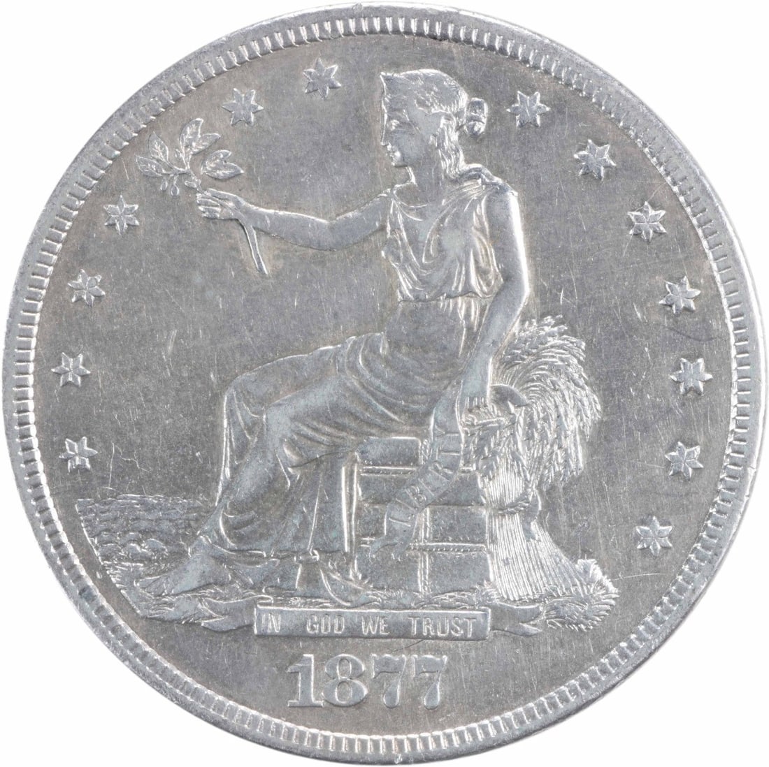 Trade Silver Dollar EF Uncertified 1877-S: Trade Silver Dollar EF Uncertified 1877-S EF Uncertified 1877-S Trade Dollar - A Rare Silver Dollar from the San Francisco Mint. This 1877-S Trade Dollar is made of 90% silver and 10% copper, with a d