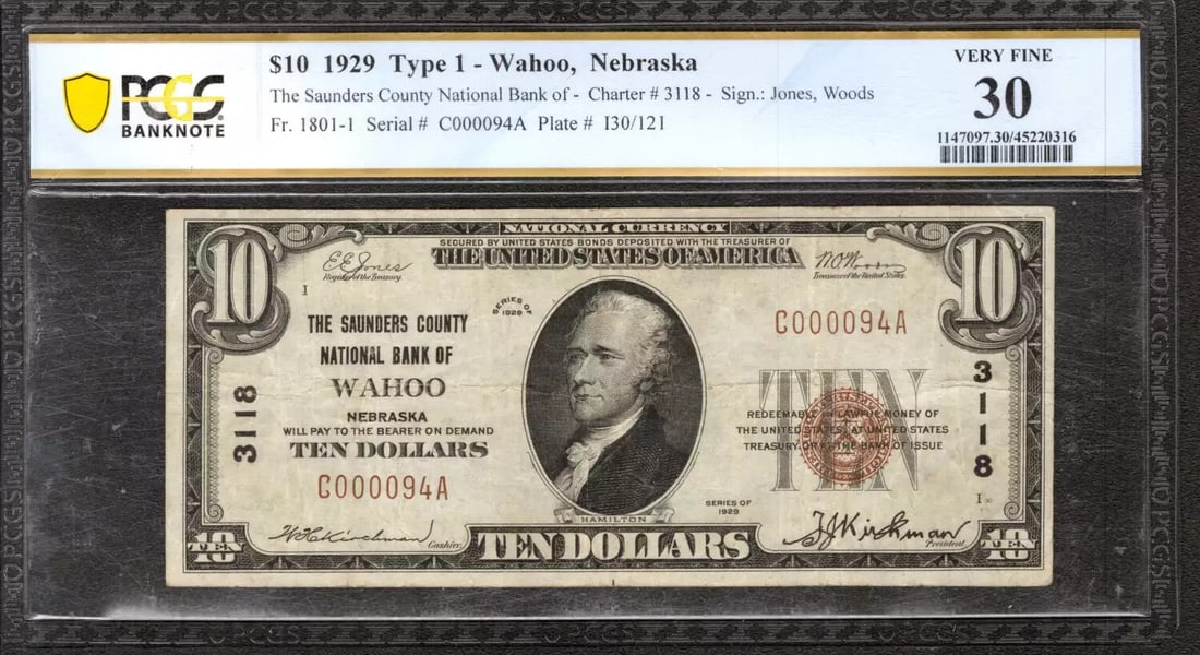1929 $10 SAUNDERS COUNTY NATIONAL BANKNOTE WAHOO NEBRASKA PCGS 30 VF (094A): 1929 $10 SAUNDERS COUNTY NATIONAL BANKNOTE WAHOO NEBRASKA PCGS 30 VF (094A) Item Specifics: Certification: PCGS Grade: 30 Series Year: 1929 Year: 1929 Circulated/Uncirculated: Circulated Country: