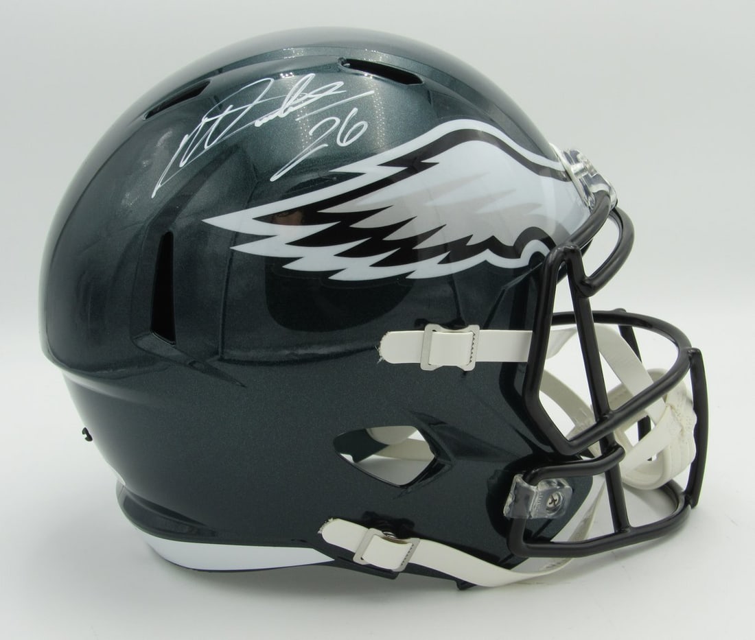 Signed Replica Helmet Eagles Auto Full Speed Miles Sanders JSA 161926: Signed Replica Helmet Eagles Auto Full Speed Miles Sanders JSA 161926 Signed Replica Helmet Eagles Auto Full Speed Miles Sanders JSA 161926. This officially licensed replica helmet features a full-spe