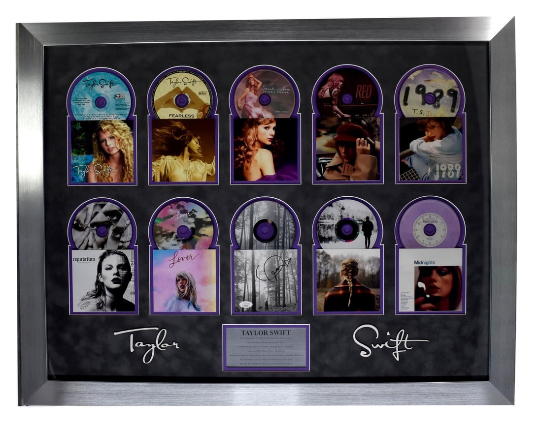 Signed Taylor Swift Auto CD Cover Collage w/ Framed 10 CDs JSA 212167: Signed Taylor Swift Auto CD Cover Collage w/ Framed 10 CDs JSA 212167 Item Specifics: Object Type: DVD Cover Industry: Music Original/Reproduction: Original Autograph Authentication: James Spence