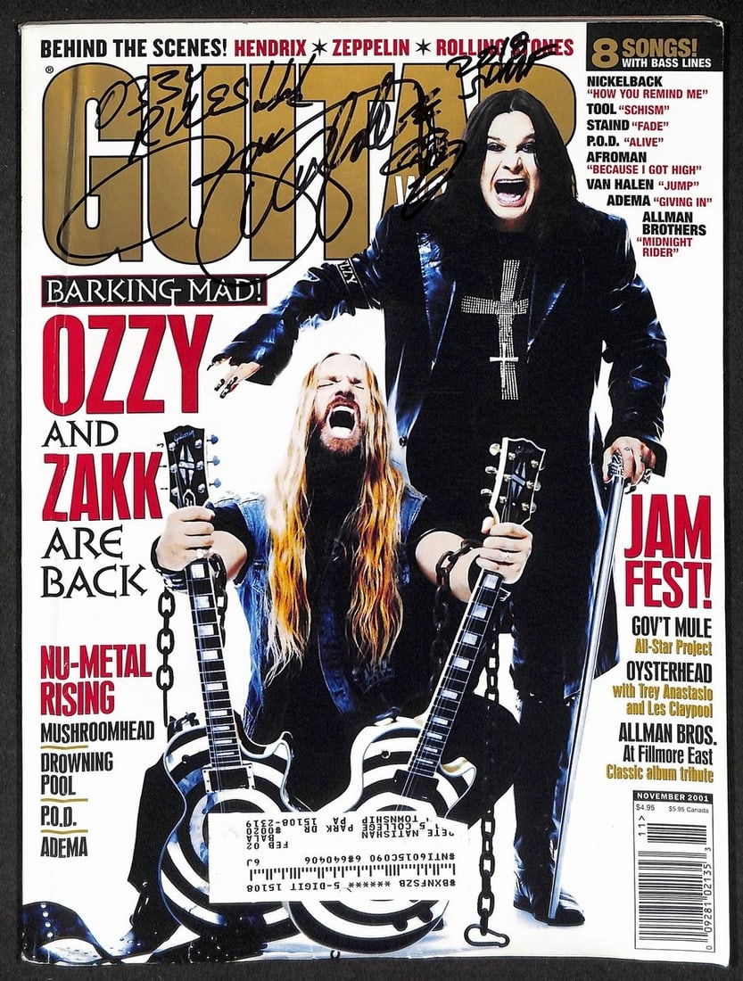 Zakk Wylde Autographed/ Signed 2001 Guitar Magazine Ozzy JSA 211737: Zakk Wylde Autographed/ Signed 2001 Guitar Magazine Ozzy JSA 211737 Signed by Zakk Wylde, this 2001 guitar magazine features a photo of Ozzy Osbourne, showcasing the iconic Black Sabbath frontman.