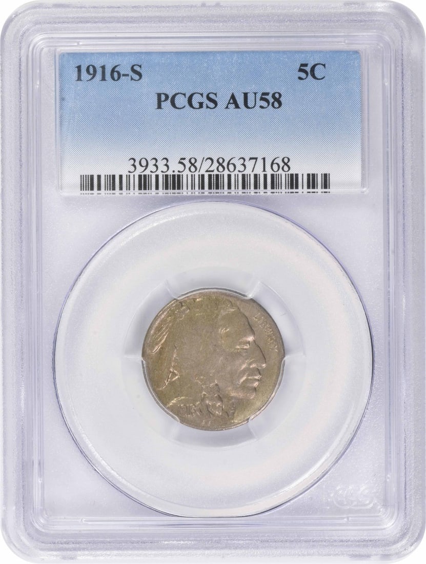 1916-S Buffalo Nickel AU58 PCGS: 1916-S Buffalo Nickel AU58 PCGS The 1916-S Buffalo Nickel is a highly sought-after coin, featuring a striking design by James Earle Fraser. Certified by PCGS as AU58, this circulated coin boasts a ric