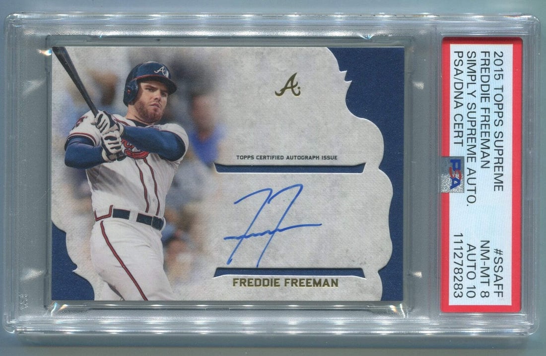Freddie Freeman Supreme Autographed Topps 2015 Card #SSA-FF G: Freddie Freeman Supreme Autographed Topps 2015 Card #SSA-FF G The 2015 Topps Supreme Simply Supreme Autographed Card #SSA-FF is a unique collectible featuring a signed card by Freddie Freeman, graded