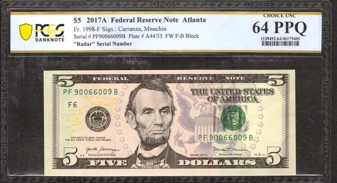 2017 A $5 FEDERAL RESERVE NOTE FR.1998F RADAR SERIAL #0660 PCGS UNC 64 PPQ (009B: 2017 A $5 FEDERAL RESERVE NOTE FR.1998F RADAR SERIAL #0660 PCGS UNC 64 PPQ (009B The 2017 A $5 Federal Reserve Note features a unique Radar serial number, making it a standout among circulated notes.
