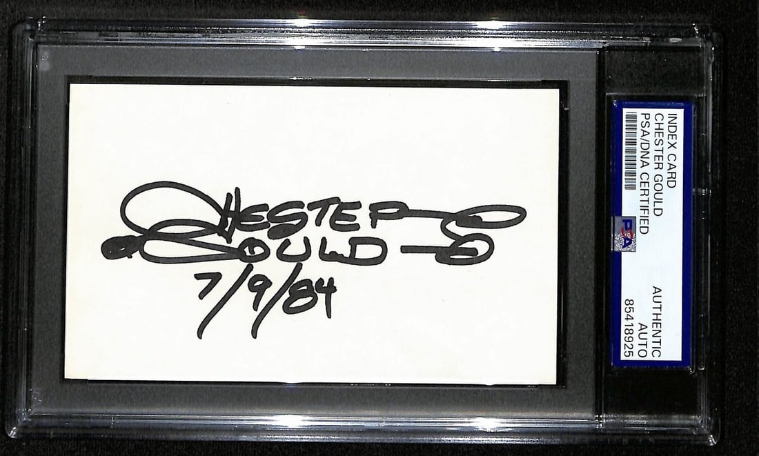 Chester Gould Signed/ Auto Index Card Cartoonist "Dick Tracy" PSA/ DNA 193833: Chester Gould Signed/ Auto Index Card Cartoonist "Dick Tracy" PSA/ DNA 193833 Chester Gould's iconic "Dick Tracy" character bears a signature on this index card, a rare and unique piece of comic strip