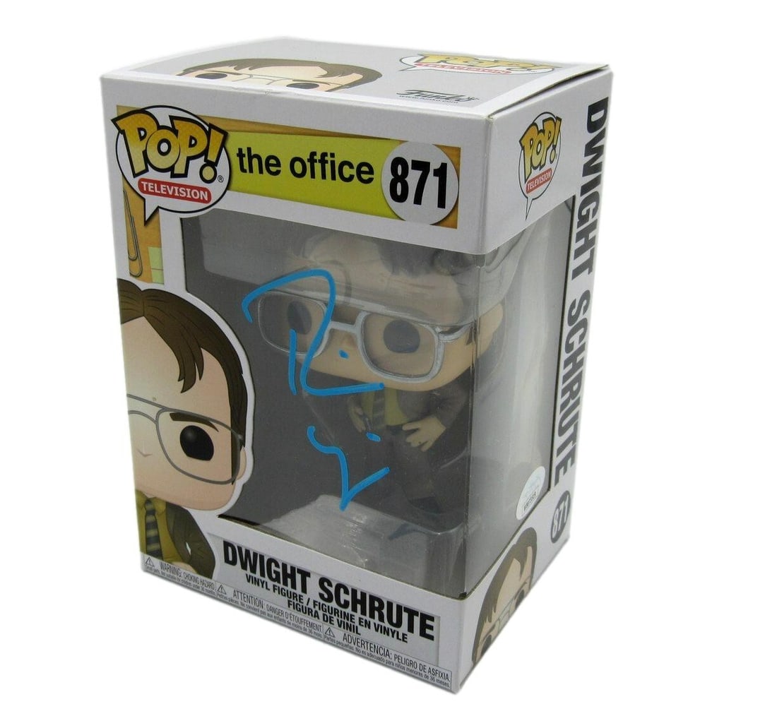 Rainn Wilson Autographed Funko Pop 871 Office Figurine JSA 184718: Rainn Wilson Autographed Funko Pop 871 Office Figurine JSA 184718 Rainn Wilson's autographed Funko Pop! #871 is a unique collectible featuring the beloved actor from "The Office". This original signed