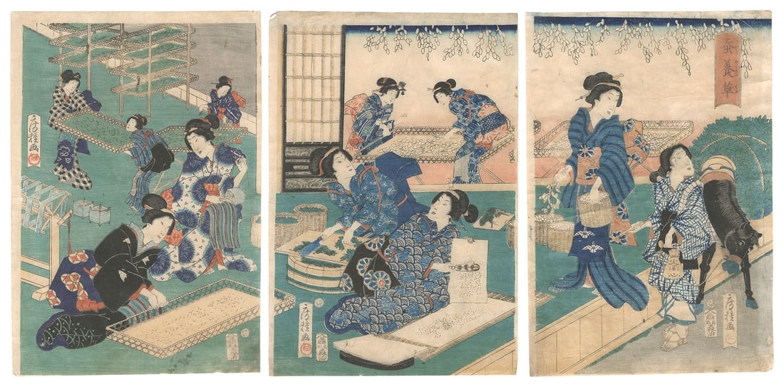 Silkworm Cultivation Woodblock Print Triptych Japanese Fusatane Utagawa 1865: Silkworm Cultivation Woodblock Print Triptych Japanese Fusatane Utagawa 1865 Item Specifics: Artist: Utagawa Fusatane Subject: Sericulture (Silkworm Cultivation) Material: Paper Style: Japanese Year