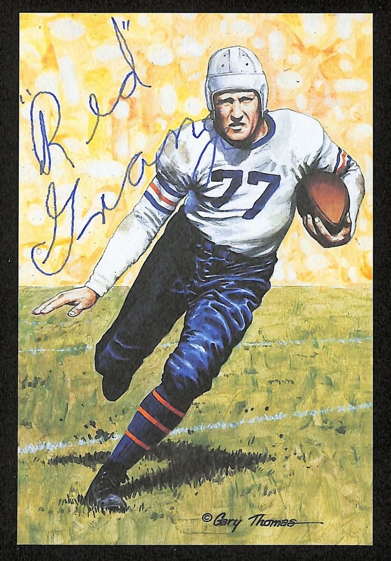 Harold (Red) Grange Signed 1989 GLAC/ Goal Line Art Postcard Bears PSA/ DNA 200338: Harold (Red) Grange Signed 1989 GLAC/ Goal Line Art Postcard Bears PSA/ DNA 200338 Signed by Red Grange, a legendary football player, this 1989 GLAC/ Goal Line Art postcard showcases the iconic