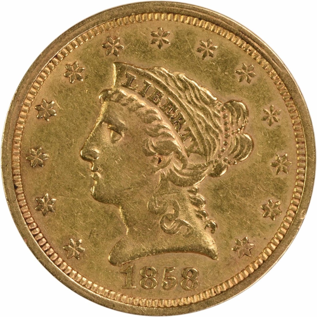 1858 $2.50 Gold Liberty Head AU Slider Uncertified: 1858 $2.50 Gold Liberty Head AU Slider Uncertified The 1858 $2.50 Gold Liberty Head AU Slider Uncertified is a circulated example of a rare and historic coin, bearing the signature of Christian Gobrec