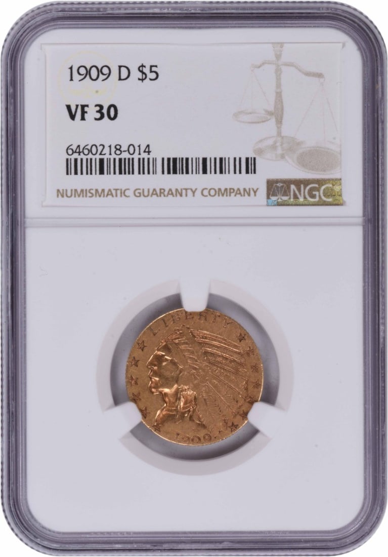 $5 Gold Indian VF30 1909-D: $5 Gold Indian VF30 1909-D The 1909-D $5 Gold Indian is a circulated coin with a rich history, bearing the signature of its designer, Bela Lyon Pratt. Made from 90% gold and 10% copper, this coin