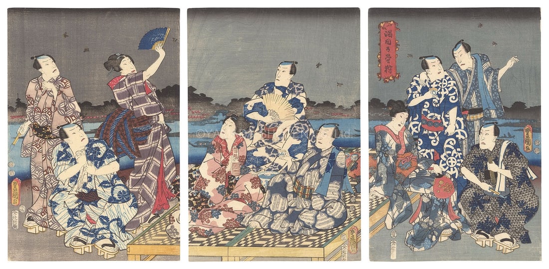 Toyokuni III Woodblock Print Catching Fireflies Sumida River Triptych 1853 Edo: Toyokuni III Woodblock Print Catching Fireflies Sumida River Triptych 1853 Edo Item Specifics: Artist: Toyokuni III Subject: Firefly catching by the Sumida River with Kabuki actors Material: Ink and