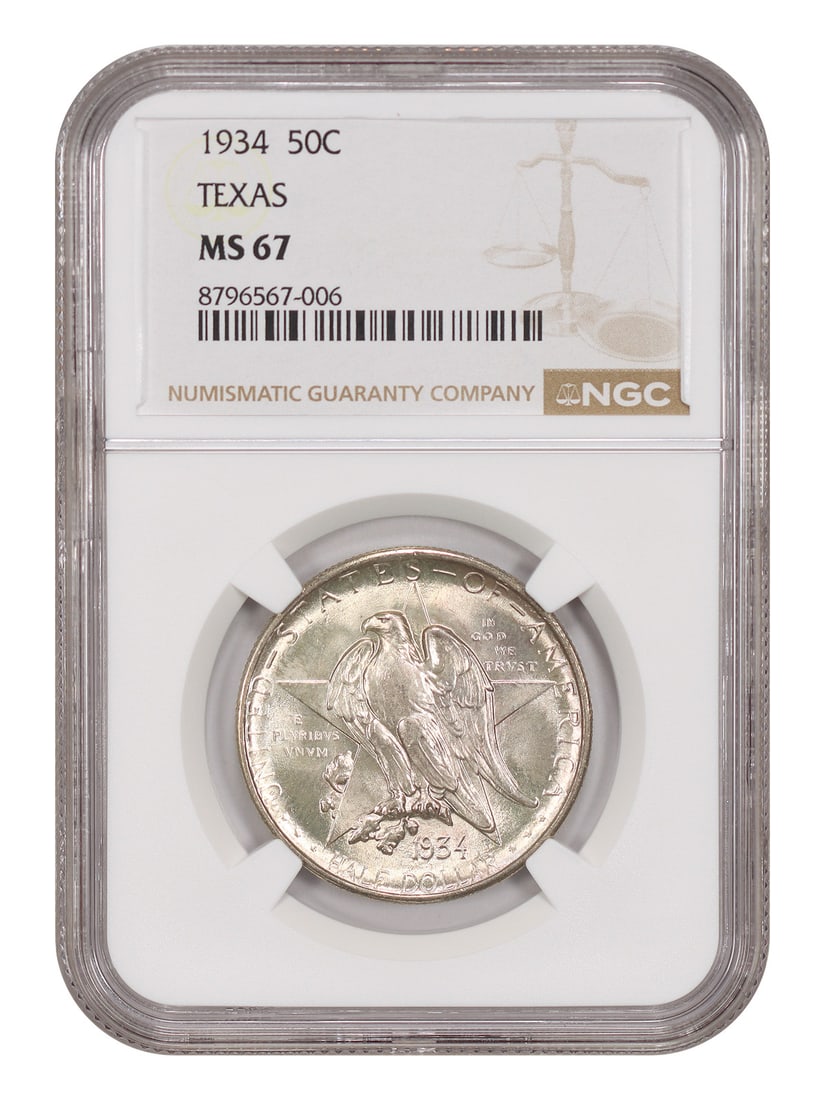 Classic Silver Commemorative Popular 1934 50C Texas NGC MS67: Classic Silver Commemorative Popular 1934 50C Texas NGC MS67 The 1934 50C Texas coin is a highly detailed and well-preserved example of a circulated uncirculated coin, graded MS67 by the Numismatic Gu