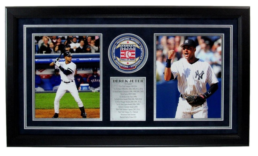 Derek Jeter HOF 8x10 Photo Collage with HOF Patch Yankees Framed 177205: Derek Jeter HOF 8x10 Photo Collage with HOF Patch Yankees Framed 177205 Derek Jeter's Hall of Fame 8x10 photo collage is framed alongside a Yankees HOF patch, creating a unique and nostalgic piece for