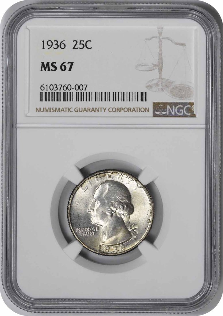 MS67 Silver Quarter 1936 Washington: MS67 Silver Quarter 1936 Washington MS67 Silver Quarter 1936 Washington features a stunning design by John Flanagan, with its 90% silver composition and reeded edge adding to its unique charm. Certifi