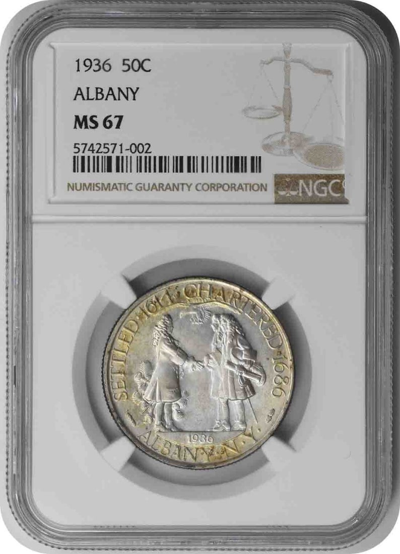 Albany Commemorative Silver Half Dollar 1936 MS67 NGC: Albany Commemorative Silver Half Dollar 1936 MS67 NGC The 1936 Albany Commemorative Silver Half Dollar is a stunning piece of numismatic history, certified by the NGC as MS67, a grade reserved for coi