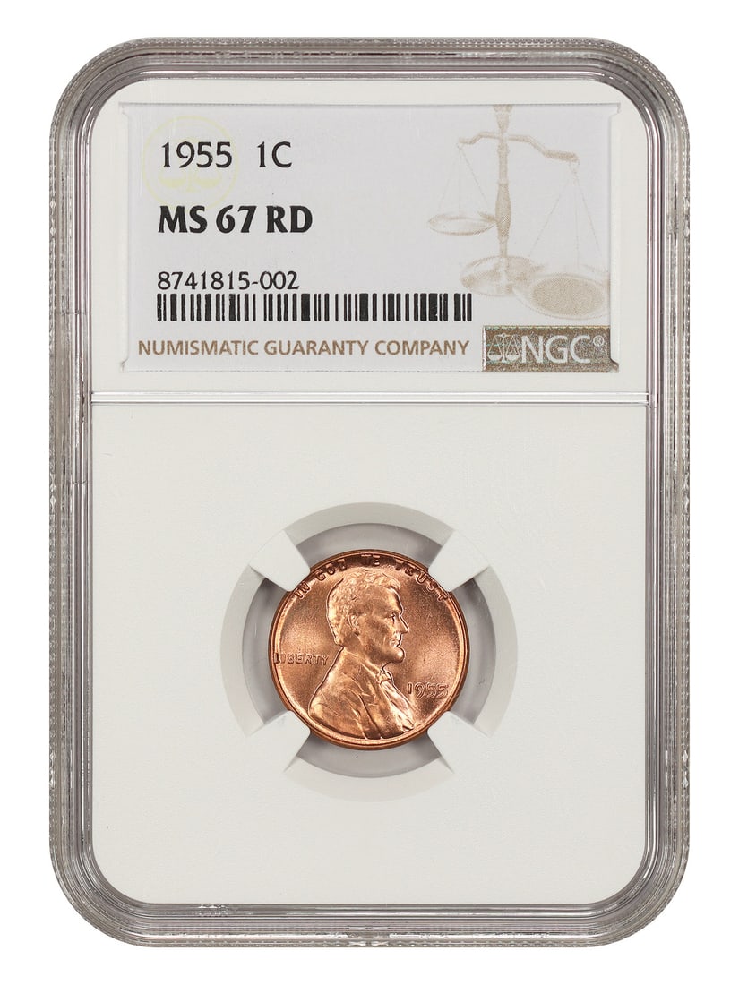 1955 1C NGC MS67RD - Lincoln Cent (Wheat Reverse): 1955 1C NGC MS67RD - Lincoln Cent (Wheat Reverse) 1955 Lincoln Cent (Wheat Reverse) MS67RD - A highly graded example of a classic American coin, this 1955 Wheat Reverse cent boasts a stunning MS67RD g